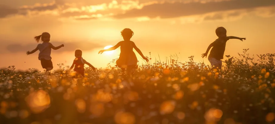 Children silhouetted against the sky at sunset